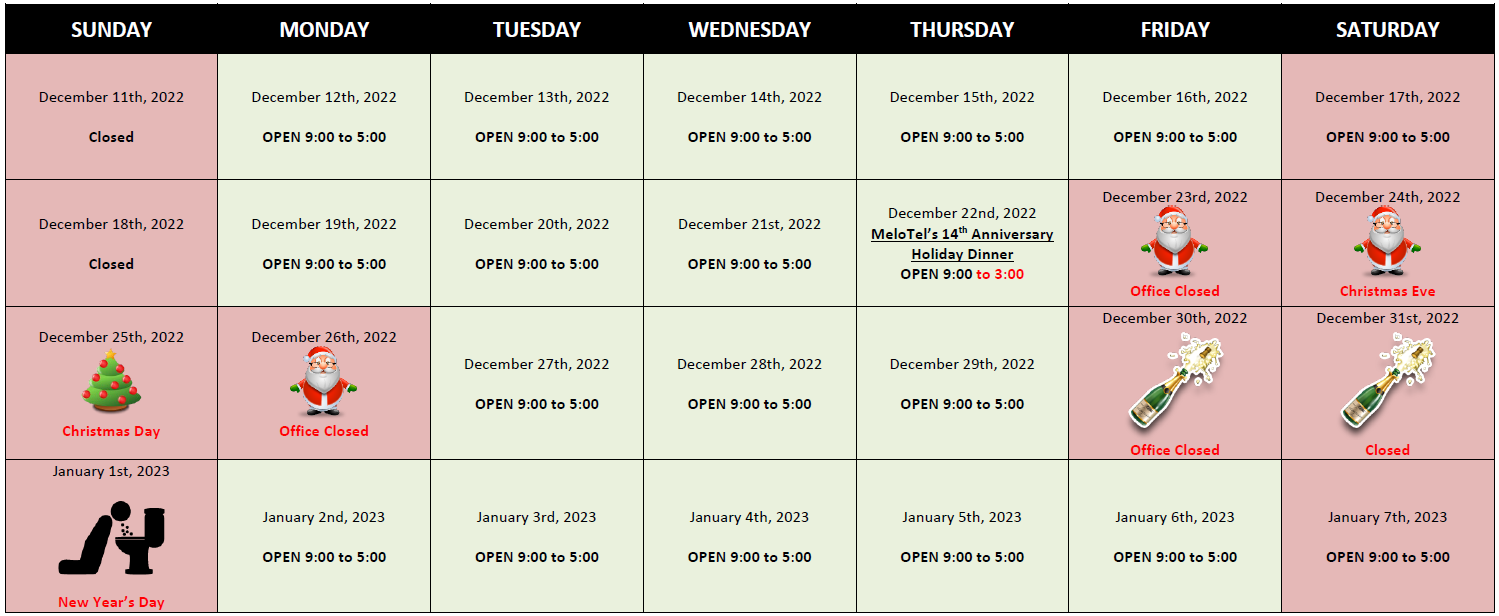 Please Make Note Of MeloTel’s Holiday Hours